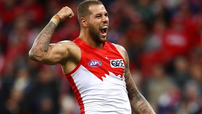 Lance Franklin celebrates a goal for the Swans. Picture: Getty Images