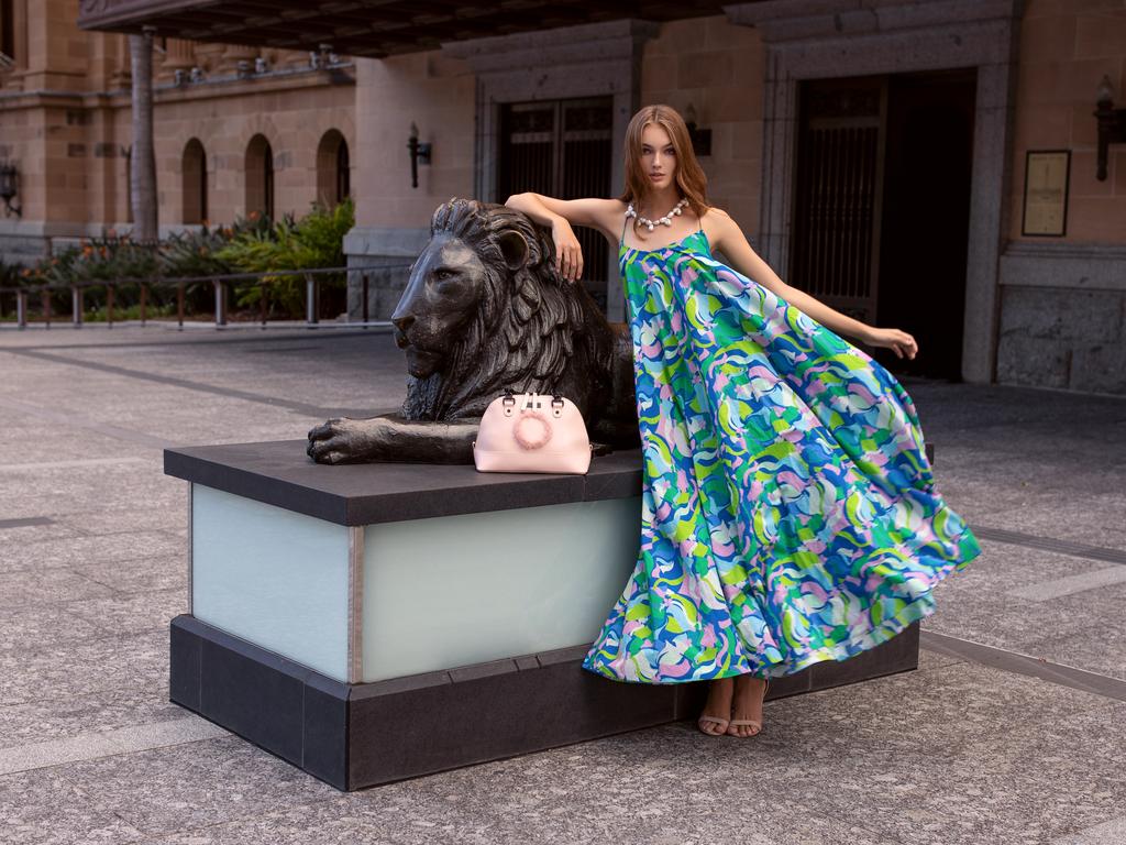 Model Lily Blucher wears Brisbane's White Label Noba with accessories by Christie Nicolaides in King George Square, where Brisbane Fashion Festival 2021 will take place.