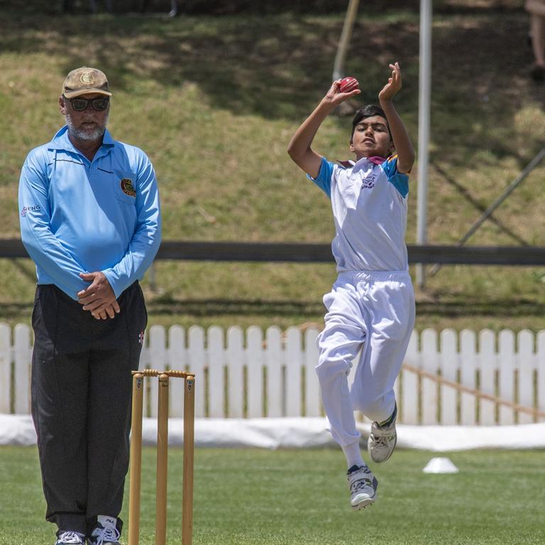 Ayaan Khan bowls for South Coast. Darling Downs vs South Coast. Queensland School Sport Championships 10-12 Boys Cricket State Championships. Wednesday. 18th Nov 2020. Picture: Nev Madsen