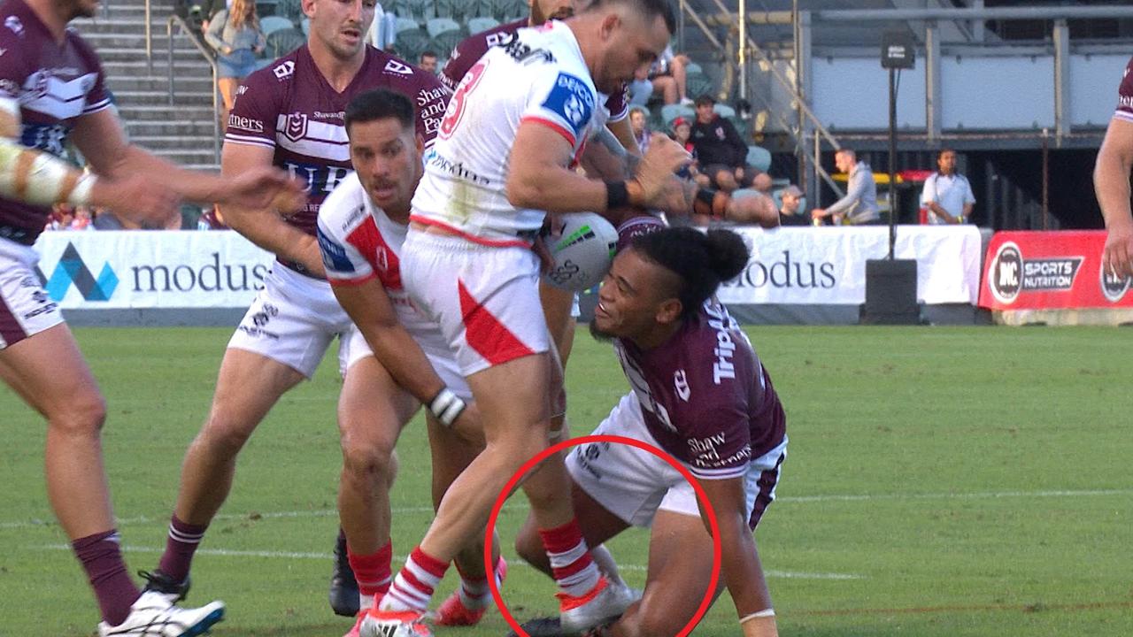 Jack Bird appears to stomp on Moses Suli's leg.
