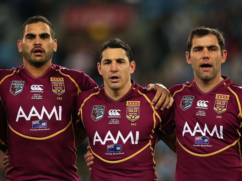 SYDNEY, AUSTRALIA - JULY 17:  (L-R) Greg Inglis, Billy Slater and Cameron Smith of the Maroons sings the national anthem before game three of the ARL State of Origin series between the New South Wales Blues and the Queensland Maroons at ANZ Stadium on July 17, 2013 in Sydney, Australia.  (Photo by Cameron Spencer/Getty Images)