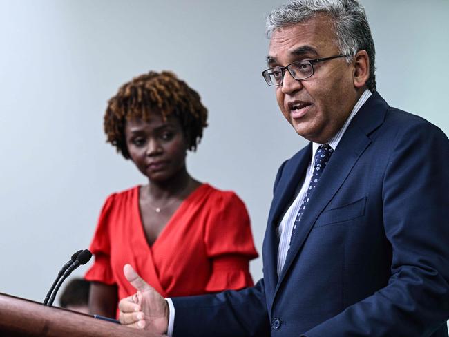 White House Press Secretary Karine Jean-Pierre and Covid-19 Response Coordinator Dr. Ashish Jha update the media on Joe Biden’s health. Picture: AFP