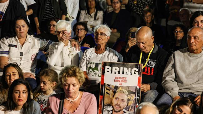 Relatives, friends and supporters of Elkana Bohbot (34) held hostage in Gaza since the October 7 attack, take part in a rally. Picture: AFP.