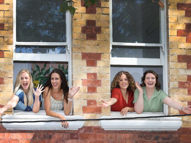 Carlton is one of the most affordable suburbs to rent in Australia. Pictured are house mates Jane Eldershaw, Eleanor Pollock, Jacqui Krew, and Jessica Barris. Picture: David Caird