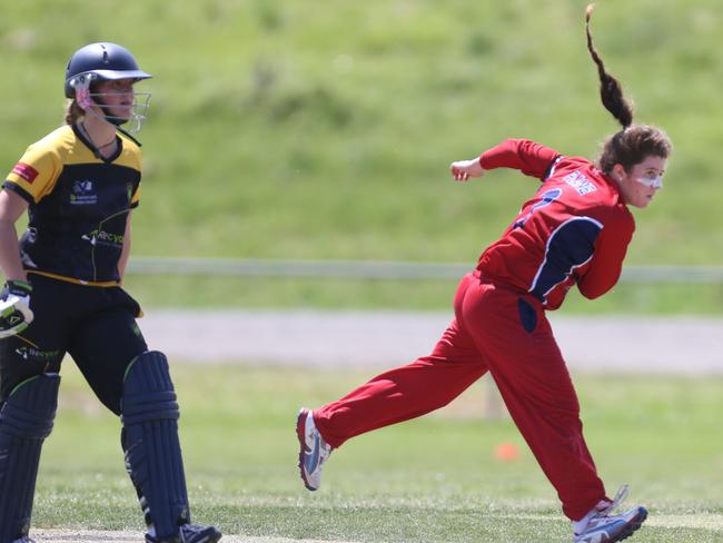 Women's Cricket: Plenty Valley v Melbourne Natalie Plane bowling for MCC. Picture: Stuart Milligan