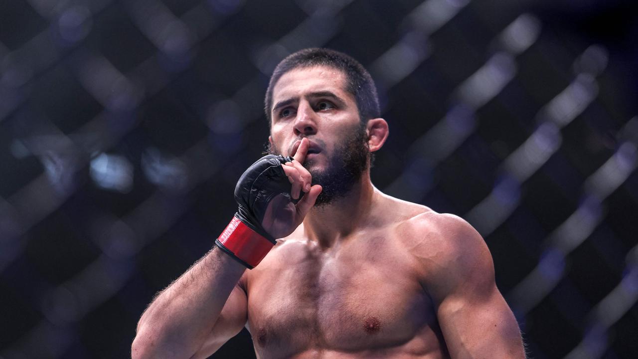 Russia's Islam Makhachev silences the crowd after his stunning first-round win over Australia's Alexander Volkanovski. Picture: AFP