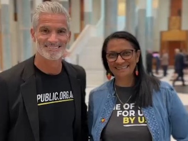 Craig Foster and Nova Peris pictured together in 2023 at Parliament House in Canberra. Picture: LinkedIn