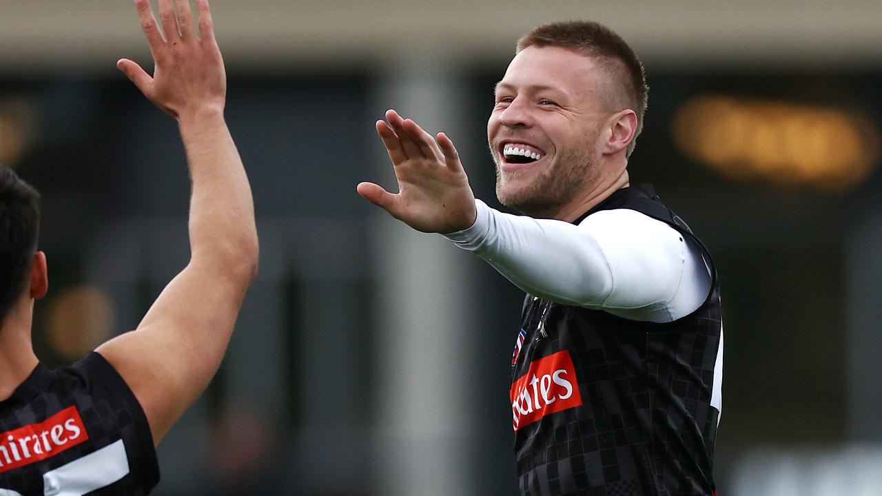 Jordan De Goey was all smiles at training. Picture: Michael Klein