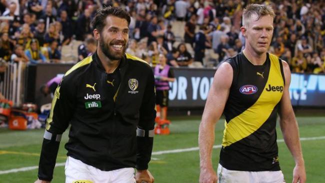 Alex Rance with Jack Riewoldt after Friday night's game. Picture: Michael Klein