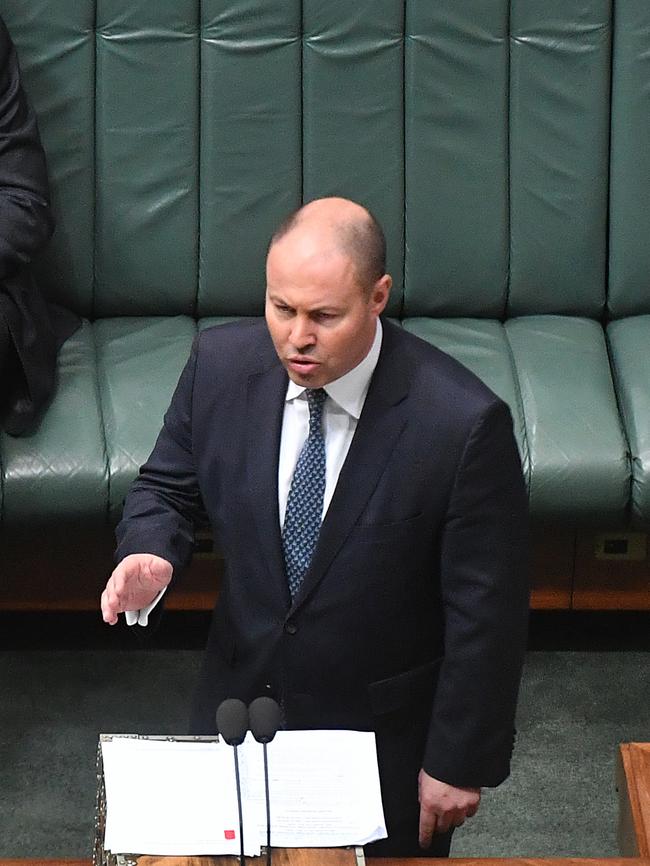 CANBERRA, AUSTRALIA - APRIL 08: Treasurer Josh Frydenberg speaks at the dispatch box during the delivery of the coronavirus Economic Response Package Bill 2020 (Photo by Sam Mooy/Getty Images)