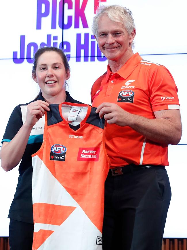 GWS coach Alan McConnell with Jodie Hicks at the 2017 women's draft. Picture: Getty
