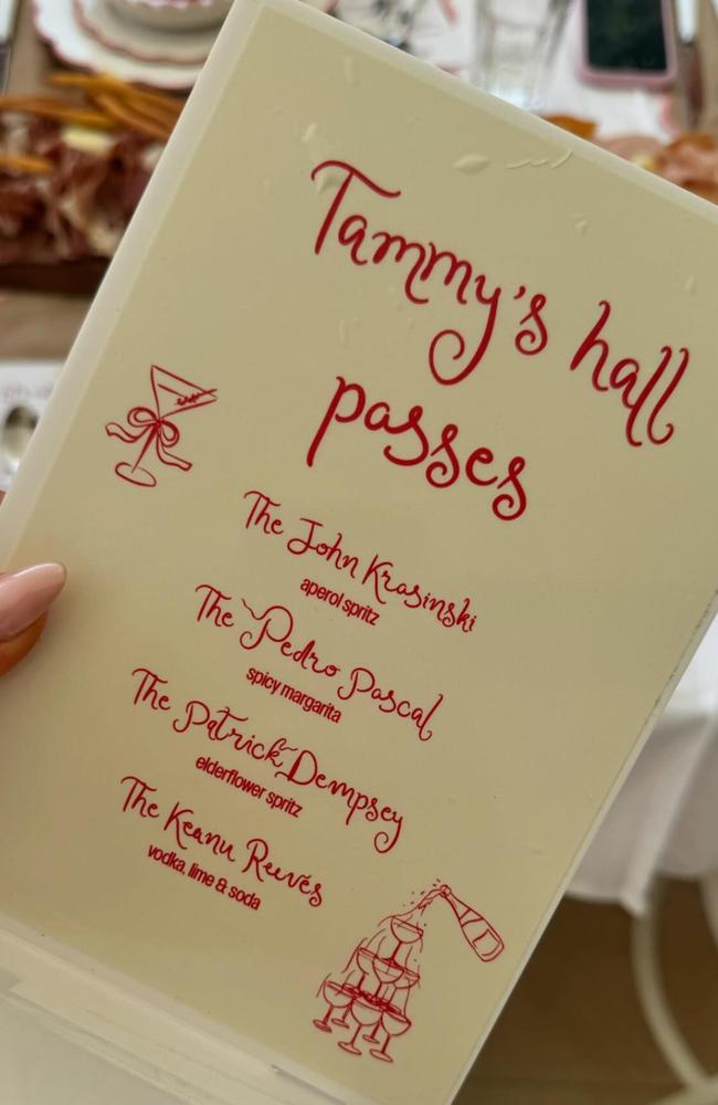 The bachelorette featured a cheeky cocktail menu titled “Tammy’s Hall Passes,” with drinks named after Hollywood heart-throbs like John Krasinski, Pedro Pascal, Patrick Dempsey, and Keanu Reeves. Photo: Instagram.