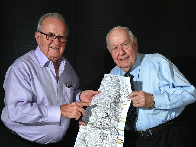 Sir Leo Hielscher and Sir Frank Moore with some of the maps and information about the planned water way from North Queensland to South Australia. Thursday February 28, 2019. (AAP image, John Gass)