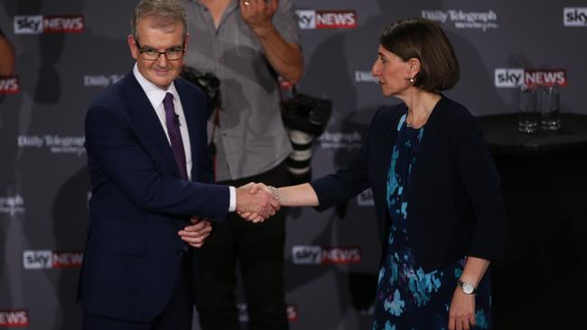 Michael Daley and Gladys Berejiklian at the People’s Forum. Picture: Damian Shaw