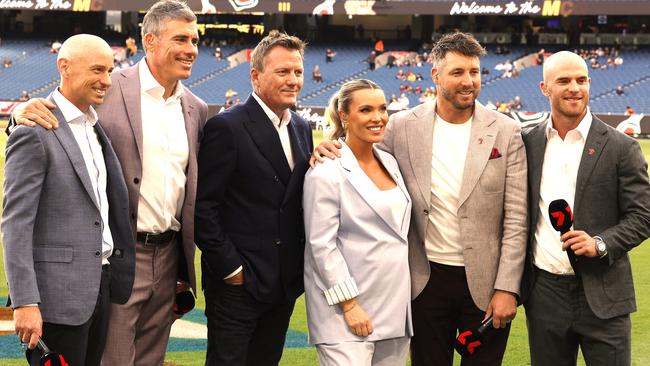 Channel 7 Friday night team Alister Nicholson, Matthew Richardson, James Brayshaw, Abbey Holmes, Dale Thomas and Tom Mitchell. Picture: Michael Klein.