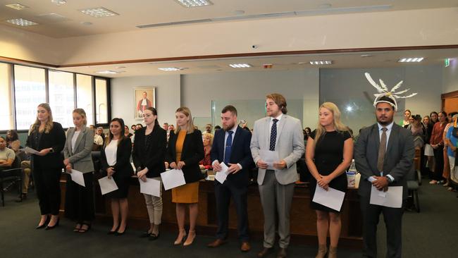 Julia Maro Petratos, Katie Jane Paff, Lynette Sudholz, Shania Jade Thomas, Connor Lochlin David Davey, Michelle Mary Kerr, George Lance Druery, Emma Jane Wallis and Joel Bartholomew Murgha in a ceremony at the Cairns Court House. Picture: Peter Carruthers