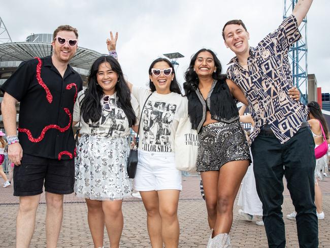SYDNEY, AUSTRALIA - Daily Telegraph Photos February 26, 2024: Andrew, Jacqui, Michelle, Parvathi and Tom at Taylor Swift's The Eras Tour concert held at Accor Stadium in Sydney. Picture: Christian Gilles
