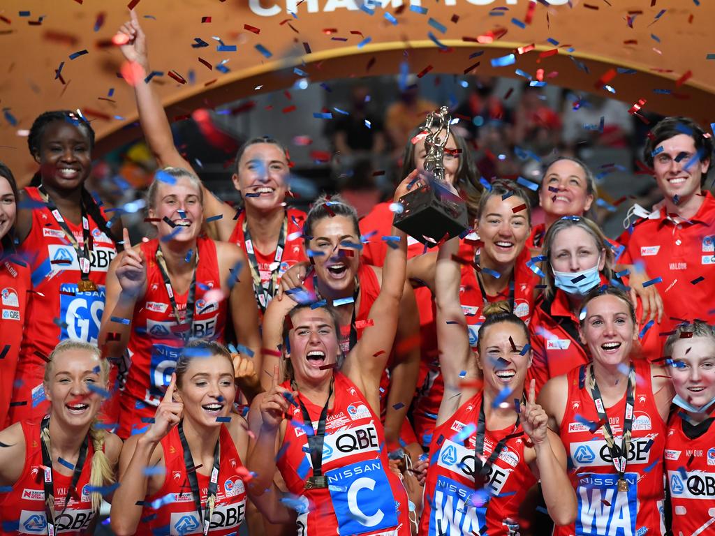 The Swifts celebrate their 2021 Super Netball Grand Final win. Picture: Getty