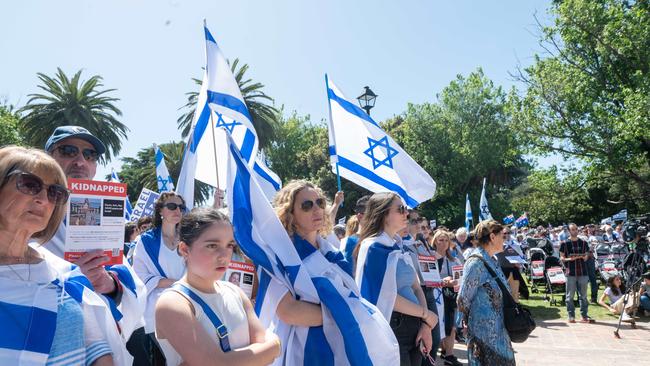 A community gathering in support of Israel at Caulfield Park in Caulfield, where violent clashes broke out on Friday night. Picture: Tony Gough