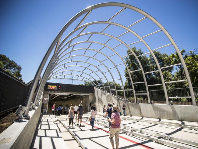 People walk in and out of the new O-Bahn tunnels. Picture: Nick Clayton