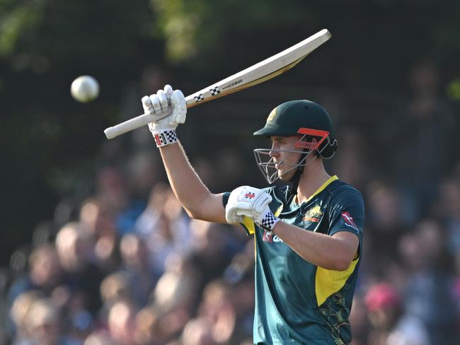 EDINBURGH, SCOTLAND - SEPTEMBER 07: Australia batsman Cameron Green raises his bat after reaching his half century during the 3rd Men's T20 between Scotland and Australia at The Grange Club on September 07, 2024 in Edinburgh, Scotland. (Photo by Stu Forster/Getty Images)