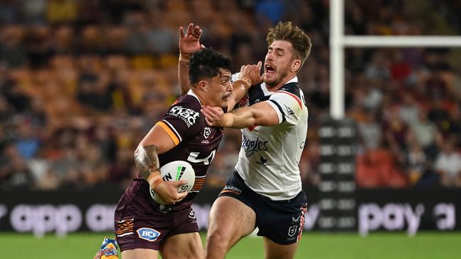 Kotoni Staggs is well known for his vicious fend, but his defence has also improved in 2022. Picture: NRL Photos.