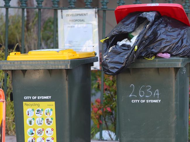 DAILY TELEGRAPH 10TH FEBRUARY 2023Pictured are uncollected bins on Bridge Road at Forest Lodge in Sydney.The bins should have been by City of Sydney Council collected 4 days ago.Picture: Richard Dobson