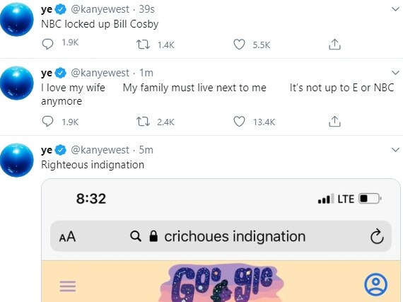 Kanye West posted a series of since-removed explosive tweets criticising his famous family. Picture: Twitter