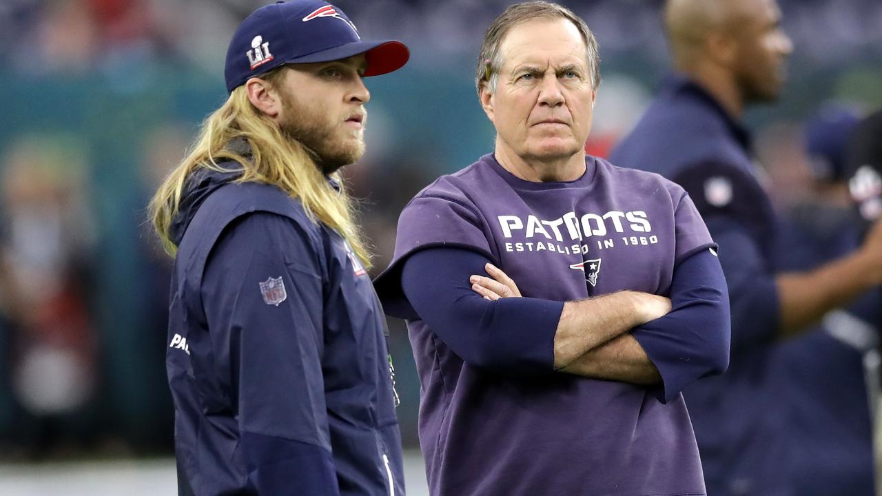 Head coach Bill Belichick of the New England Patriots and safeties coach Steve Belichick.