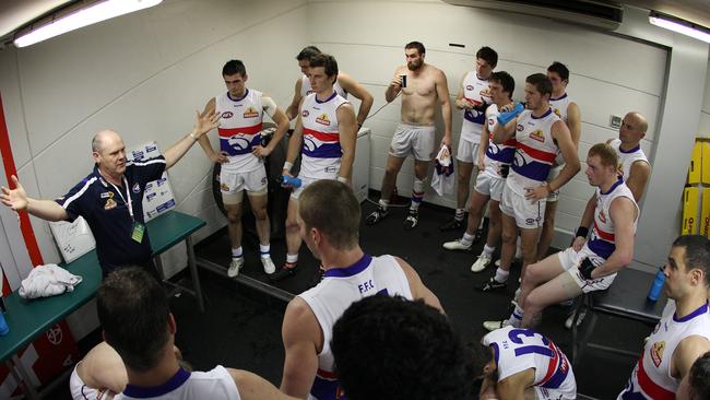 Rodney Eade addresses his team in the Darwin cool room during the clash with Port Adelaide.