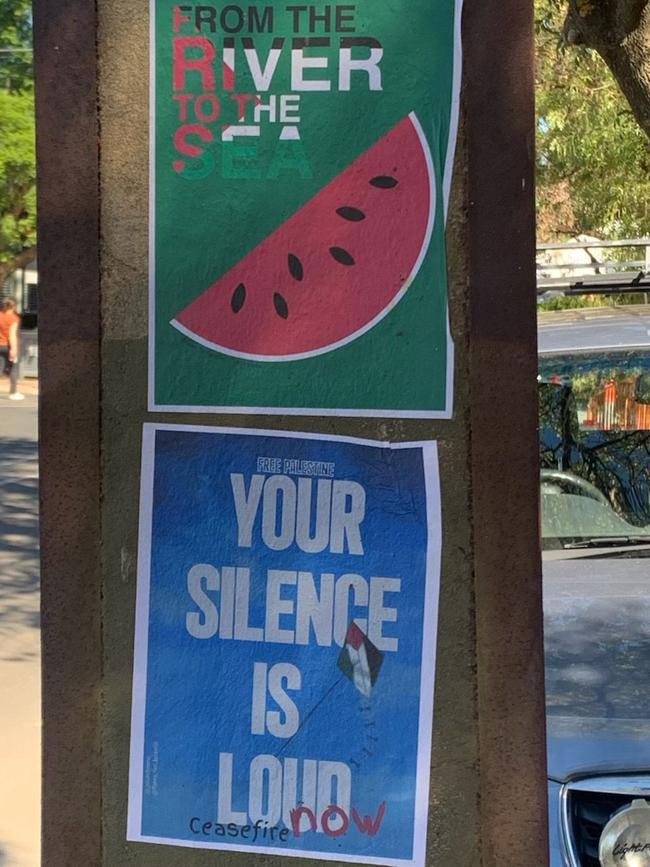 Anti-Israel posters have been placed outside a polling booth on the day of the Dunstan by-election. Picture: Supplied