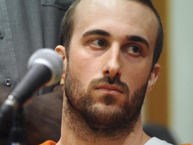 Kyle Navin appears at his sentencing hearing in Bridgeport Superior Court, in Bridgeport, Conn., Friday, June 29, 2018. Navin was sentenced two concurrent 55-year terms for the 2015 murders of his parents.   (Ned Gerard/Hearst Connecticut Media via AP, Pool)