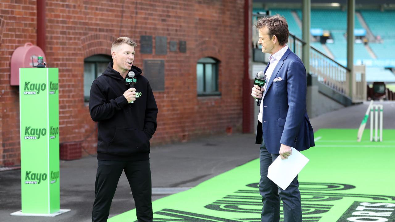 David Warner and Adam Gilchrist for the Fox Sports and Kayo Cricket Launch. Picture: Tim Hunter