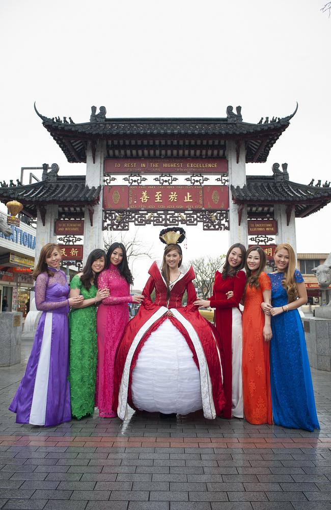 Vietnamese models are pictured at Freedom Plaza in Cabramattain preparation of the upcoming Moon Festival.