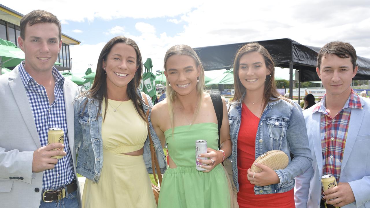 Dane Myers, Keely McGrath, Emma Piltz, Ella Myers and Callum Brook at the 2023 Audi Centre Toowoomba Weetwood race day at Clifford Park Racecourse.