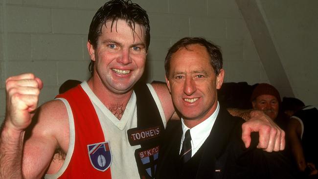 Danny Frawley celebrates a St Kilda win with Stan Alves in 1995. Picture: Getty Images