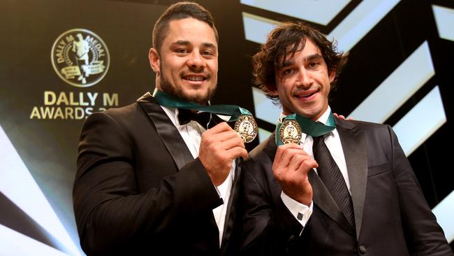 Jarryd Hayne and Johnathan Thurston joint winners of the the 2014 Dally M Award held at The Star in Pyrmont. Picture: Richard Dobson