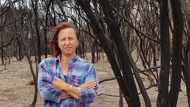 Kangaroo Island resident Margi Prideaux on her burnt out property after the bushfires.