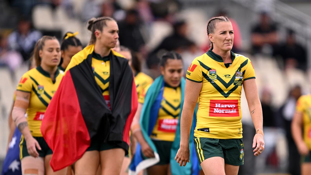 Ali Brigginshaw (R) leads Australia onto the field ahead of the women's 2024 Rugby League Pacific Championships match between New Zealand Kiwi Ferns and Australia Jillaroos. Picture: Getty Images