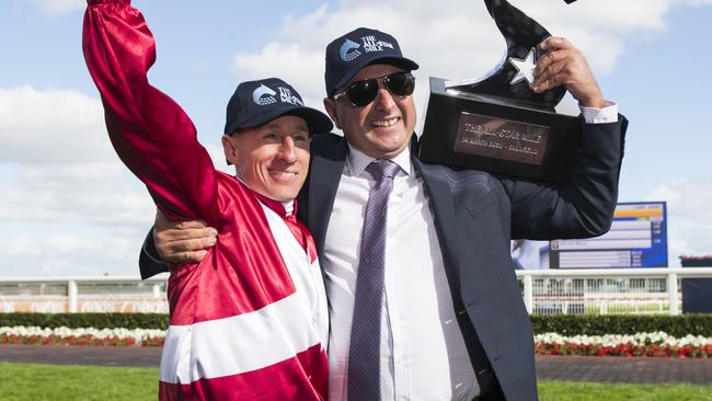 Jockey William Pike and trainer Grant Williams are hoping to get a win with Windstorm in Race 7. Picture: AAP Image/Vince Caligiuri