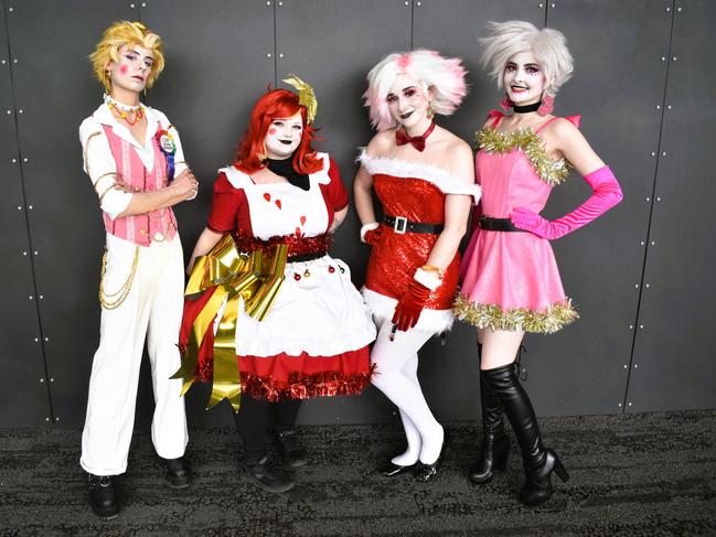 Ash (@slightlyvilaness), (@thetrichyhobbit), Kate (@justkatecosplay) and Angel (@recon_district) at the Melbourne Oz Comic Con Xmas edition, held at the Melbourne Convention &amp; Exhibition Centre on Saturday, December 7, 2024. Picture: Jack Colantuono