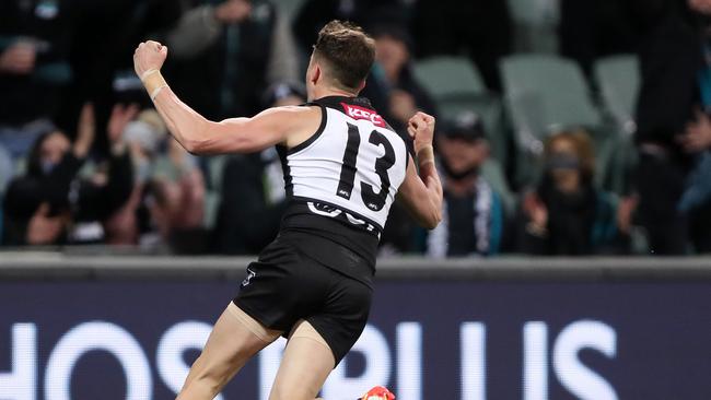 Orazio Fantasia celebrates a goal for the Power. Picture: Sarah Reed/AFL Photos