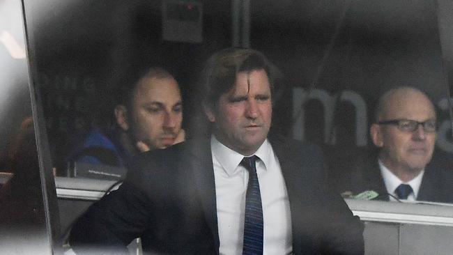 Bulldogs head coach Des Hasler looks down at the pitch during the Round 22 NRL match between the Canterbury-Bankstown Bulldogs and the Parramatta Eels at ANZ Stadium in Sydney, Thursday, August 3, 2017. (AAP Image/David Moir) NO ARCHIVING, EDITORIAL USE ONLY