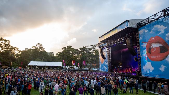 Crowd gathered in front of the main stage at the debut Harvest Rock festival in Adelaide on Sunday, where about 15,000 fans each paid between $299 and $2999 to attend the two-day event. Picture: Topbunk