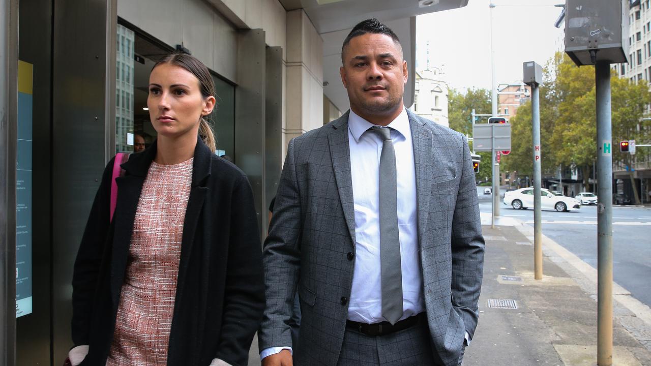 Hayne walks to court with his wife, Amelia Bonnici, on Wednesday. Picture: NCA Newswire/Gaye Gerard