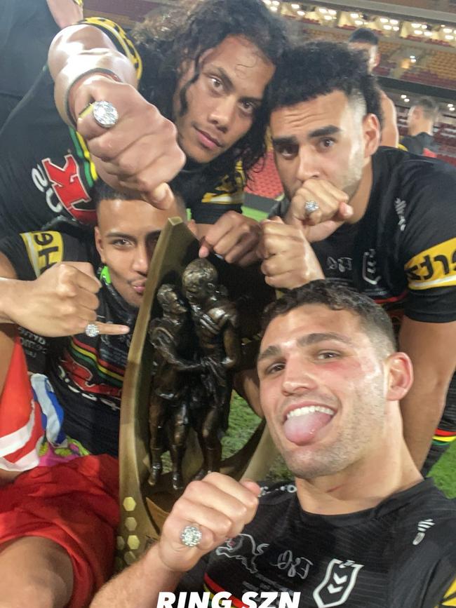 Nathan Cleary Instagram posts celebrating with fellow Penrith Panthers after winning the NRL Grand final.