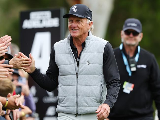 ADELAIDE, AUSTRALIA - APRIL 26: Greg Norman greets fans on the 4th tee during LIV Adelaide at The Grange Golf Club on April 26, 2024 in Adelaide, Australia. (Photo by Sarah Reed/Getty Images)