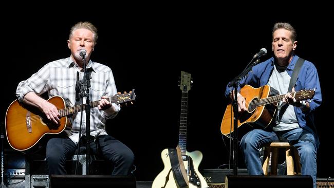 Don Henley and Glenn Frey perform during the Eagles concert at Rod Laver Arena in Melbourne 2015. Picture: Mark Dadswell