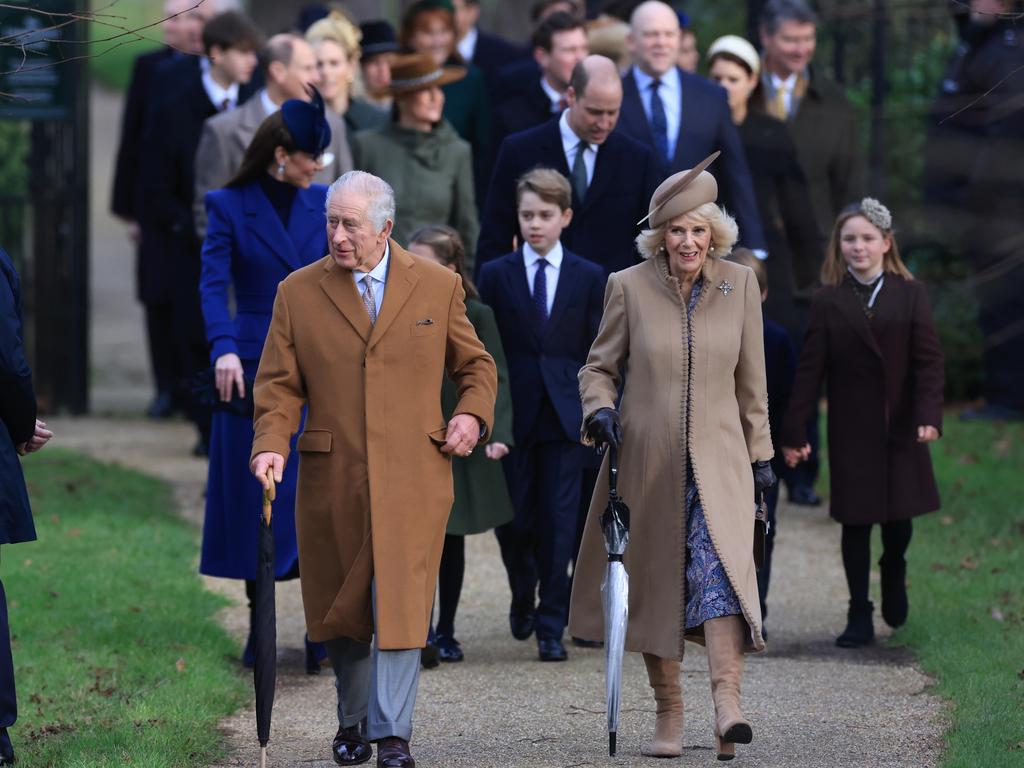 (L-R) Catherine, Princess of Wales, King Charles III, Prince George, Prince William, Prince of Wales, Queen Camilla and Mia Tindall attend the Christmas Morning Service at Sandringham Church, Norfolk. Picture: Stephen Pond/Getty Images