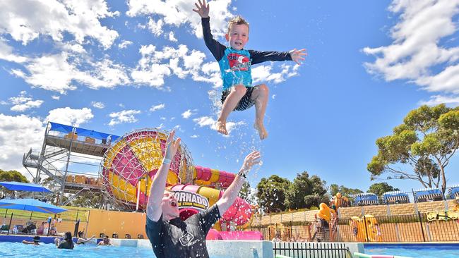 Cameron Ling with son Henry at Adventure Park Geelong. Picture: Stephen Harman